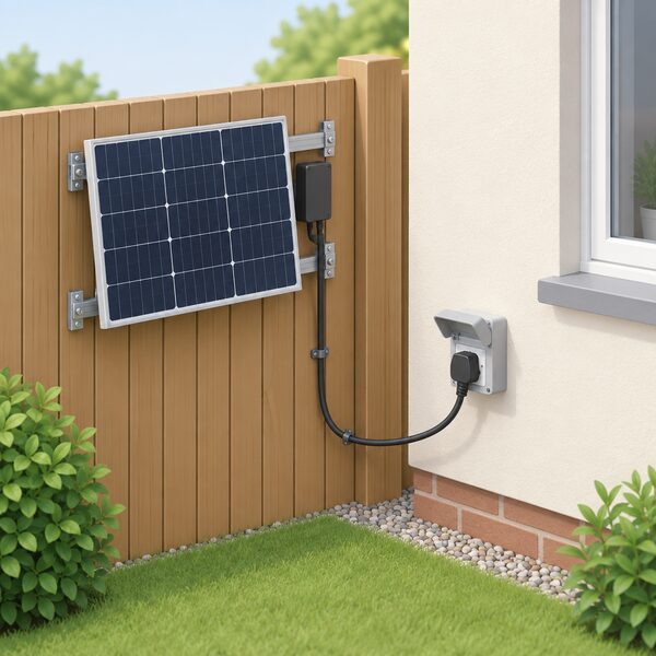 A small PV module on a mounting frame fixed to a garden fence, with a micro inverter on its rear and a lead running down to a three-pin BS 1363 plug inserted into an outdoor socket on the house wall beside the fence.