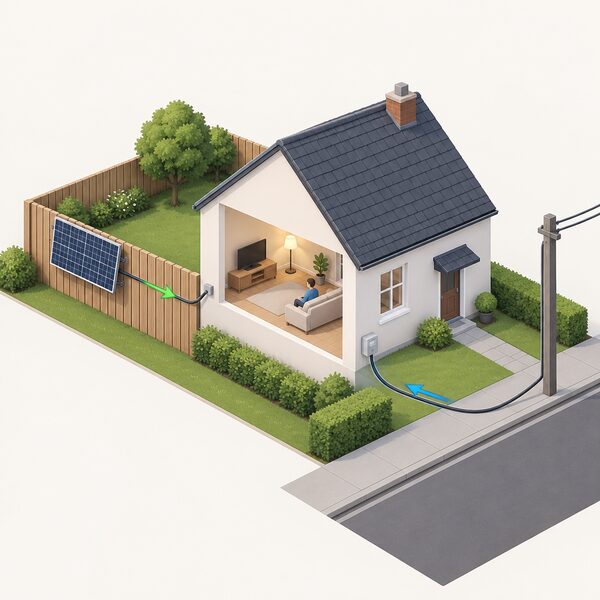 A plug-in solar panel mounted on a timber garden fence at a house boundary, with its cable running to the house wall while a grid supply cable continues from the street to the home, showing the house drawing power from both sources.