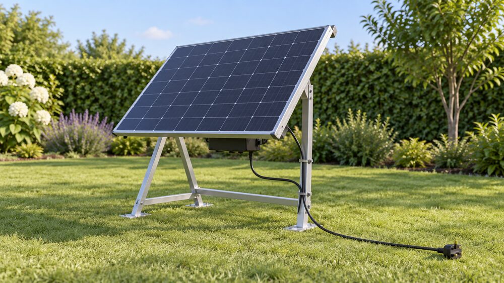 A single plug-in solar panel mounted on a purpose-made metal frame standing in a garden, its connection lead with a three-pin plug running down the frame and away, with no wooden fence or timber surface touching any part of the equipment.