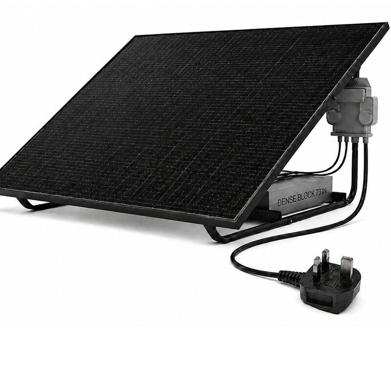 A plug-in solar panel kit on a compact ground mount with microinverter and UK three-pin plug