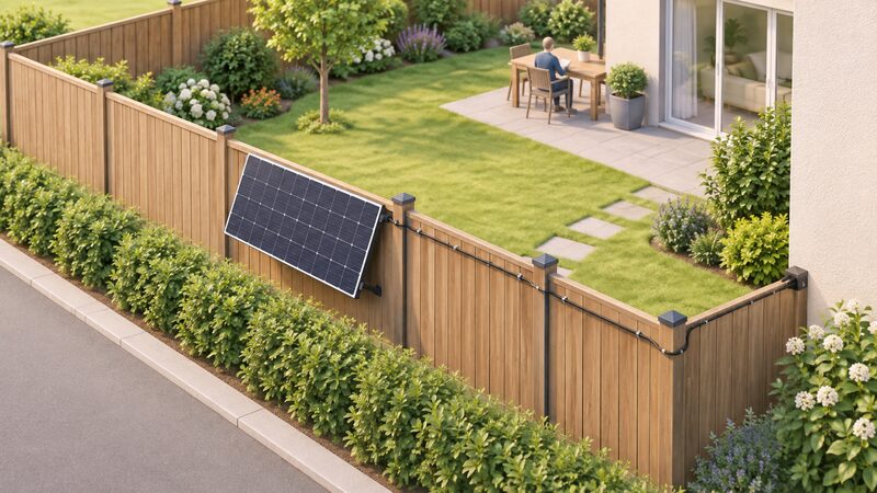 A south-facing garden fence with a plug-in solar panel mounted on it, its cable run neatly and discreetly along the fence posts toward the house, away from the street side.
