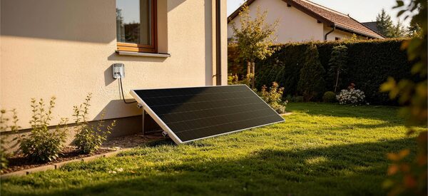 A solar panel propped on a garden lawn against a house wall, connected to a small wall-mounted device