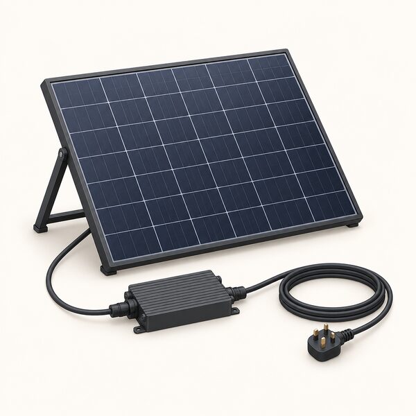 A single plug-in solar panel kit shown as a product, with its microinverter, lead cable ending in a standard three-pin plug, laid out clearly so a household can see what they would buy.