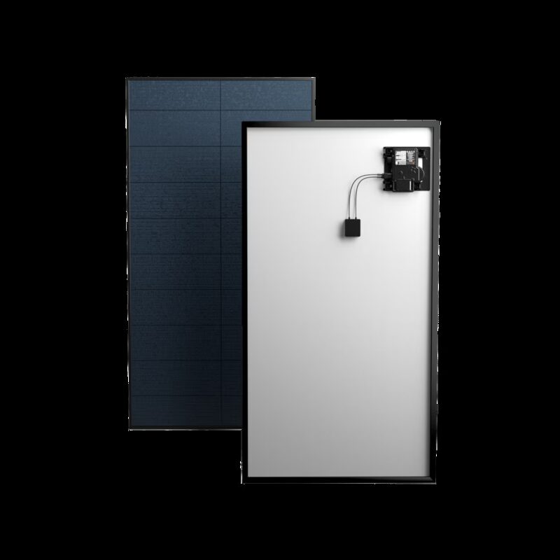 A solar panel shown from the front and back, with an Enphase microinverter mounted on the rear