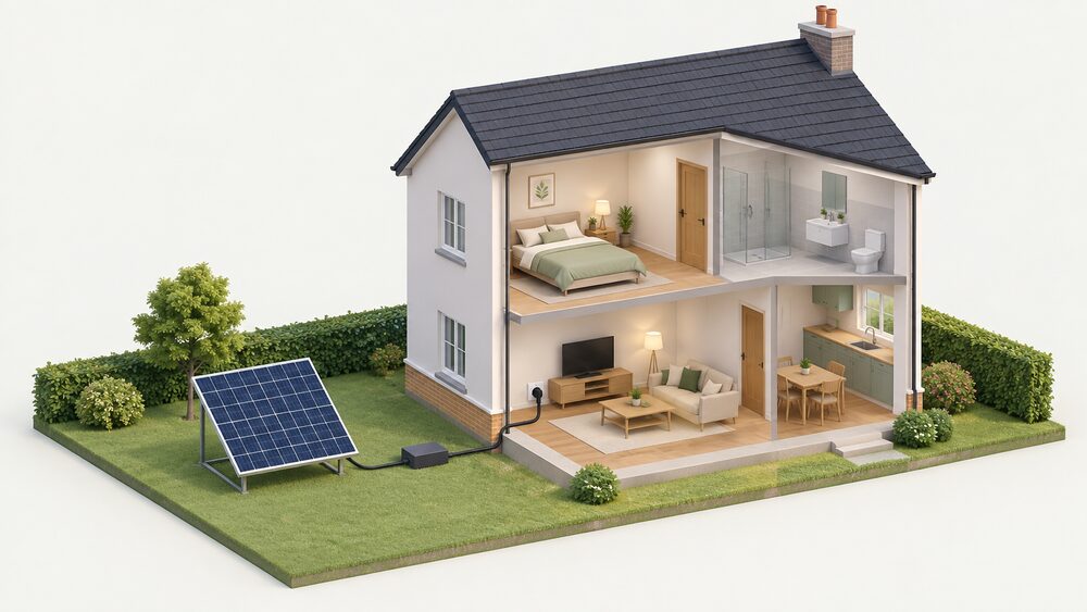 A cutaway house view with one solar panel on a ground mount in the garden, its cable running indoors to a standard wall socket where a three-pin plug is inserted, with a small microinverter box on the cable outside.