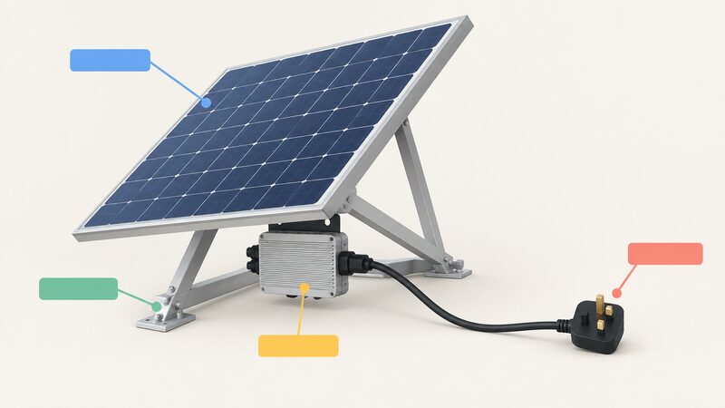 A diagram-style illustration of a plug-in solar unit laid out as one connected assembly: a tilted PV module on a mounting bracket, a microinverter attached beneath it, and a connection lead running from the microinverter to a British three-pin plug, with each of the four elements clearly distinguished.
