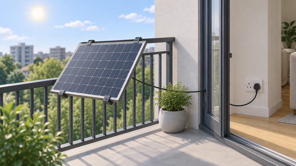 A single plug-in solar panel mounted securely on a flat's balcony railing, angled towards the sun, with its cable running through a partly open balcony door to a standard British three-pin plug in an indoor socket just inside.