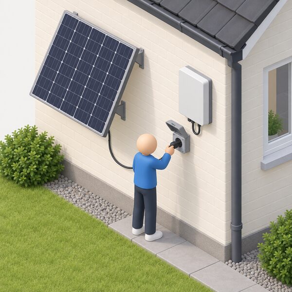 A small isometric figure on a house exterior wall plugs the manufacturer-supplied lead of a plug-in solar panel directly into a weatherproof outdoor wall socket, with the panel mounted nearby and no extension lead anywhere in the scene.