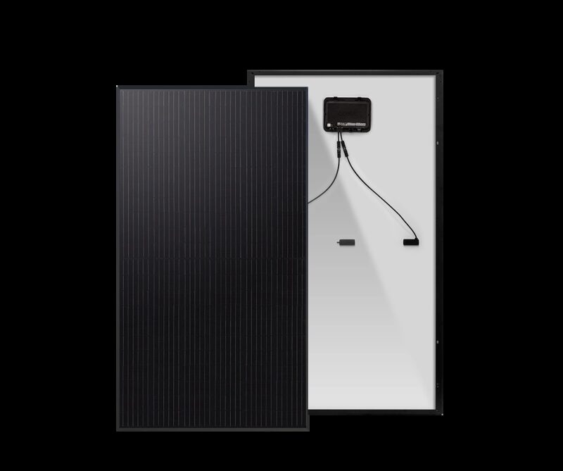 Front and back views of a Q.PEAK DUO AC solar panel with microinverter and cables on a white background