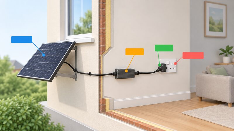 A clean labelled diagram in cross-section of a room wall showing a plug-in solar panel mounted outside the window, its cable running to a microinverter, then a short lead ending in a three-pin plug inserted directly into a single wall socket, with leader lines and plain colour blocks marking each component and no extension lead anywhere in the route.