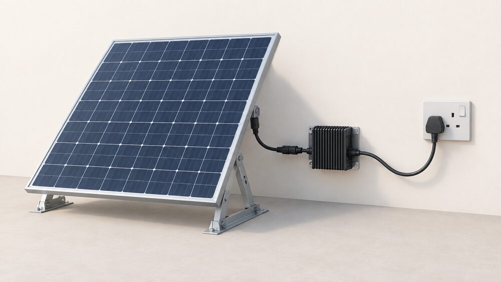 A close-up of a plug-in solar kit: one solar panel on its mounting brackets with a microinverter attached, its lead ending in a standard three-pin plug inserted into a permanent wall socket, with no extension lead or adaptor anywhere in the scene.