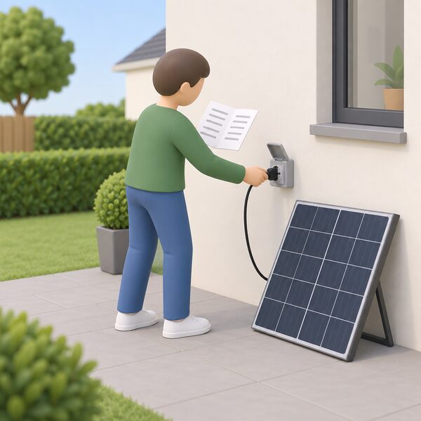 A simplified figure in a garden leans a small plug-in solar panel kit against an exterior house wall and plugs its lead into an ordinary outdoor socket, holding an open instruction sheet, with no professional installer present.