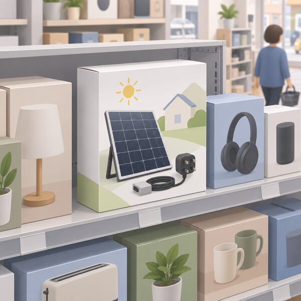 A shop shelf in a UK high street store with a boxed all-in-one plug-in solar kit standing among other boxed products, ready for a customer to pick up and buy.