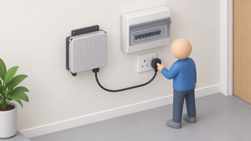 A small wall-mounted microinverter box with a lead ending in a three-pin plug beside a domestic consumer unit, with a simplified figure showing the plug being inserted into a socket outlet on the same wall.