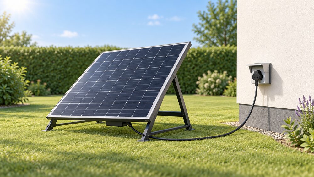 A single plug-in solar panel on its ground mounting frame, its manufacturer-supplied connection lead running to a standard three-pin plug inserted directly into a permanent outdoor wall socket, with no extension lead, no battery and no other equipment in view.
