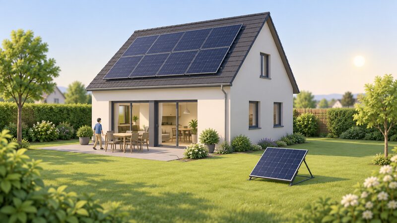 A garden scene showing one house with a professionally installed solar array on its pitched roof and, on the lawn below, a single ground-mounted plug-in panel on a small stand, both facing the same direction.