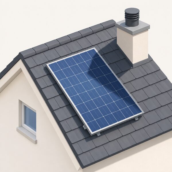 A single rooftop solar panel with a soft shadow from a nearby chimney or vent falling diagonally across part of its surface, shown on a simple pitched roof so the partial shading problem is clearly visible.