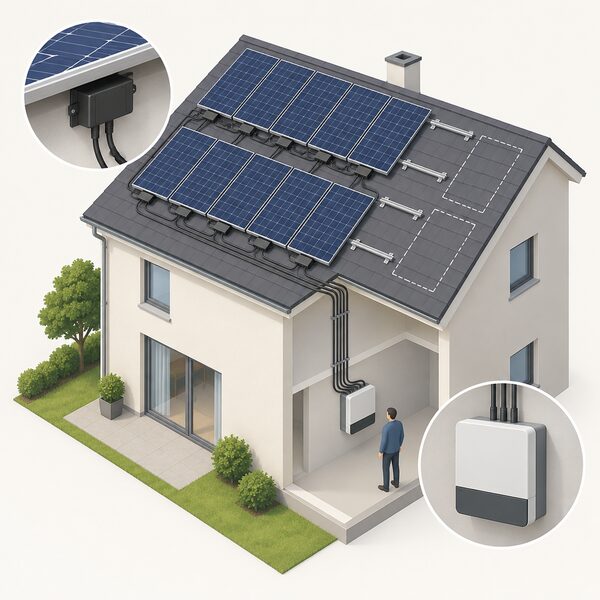 A house roof with a large array of solar panels, each panel with a small optimiser box beneath it, all wired in long strings down the wall to a single inverter mounted inside, with a few spare roof spaces suggesting where extra panels could be added later.
