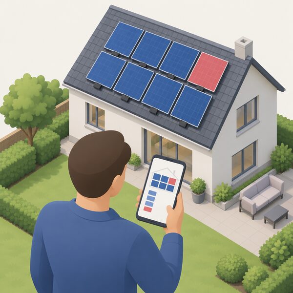 A householder standing in the garden below a roof-mounted solar PV array holds a phone showing a plain app screen with a simplified virtual layout of the roof, individual panel blocks shaded differently so one outlier panel stands out.