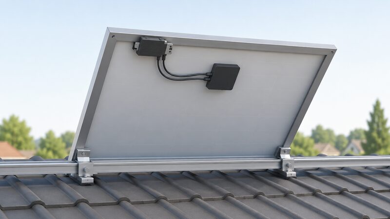A single solar panel shown from behind, tilted on a roof mounting rail, with a small optimiser unit factory-fitted directly onto the rear of the module frame and its short leads running to the panel's junction box.