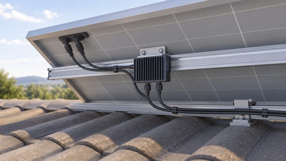 A close-up of a small power optimiser unit mounted on the aluminium mounting rail behind a rooftop solar panel, with its cables running to the panel connections, seen from behind the module on the roof.