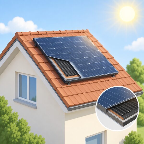 A PVT collector mounted on a sunlit pitched roof, drawn as one simple panel with the PV module face and its heat-absorbing back layer visible in a cutaway, angled to catch strong sun with clear sky and unobstructed exposure.