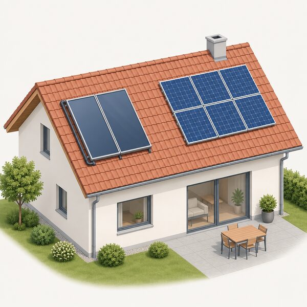 A large unshaded pitched roof carrying two clearly separate installations: a flat-plate solar thermal collector in one area and a distinct PV array of several panels in another, each occupying its own space with a visible gap between them.