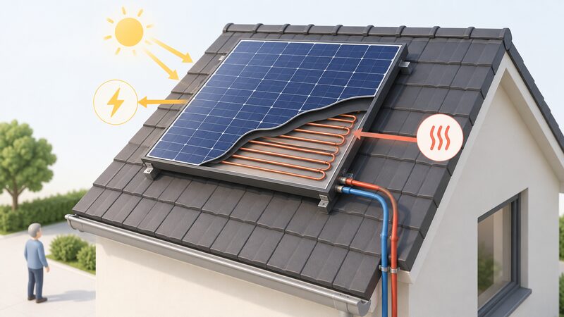 A cutaway diagram of one hybrid PVT collector on a roof, showing the photovoltaic cell layer on top and, behind it in the cutaway, a fluid heat exchanger with pipes running from the panel down toward the home.