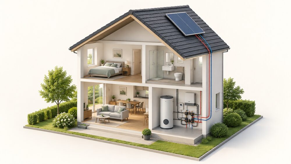 A cutaway house on a sunny day with a hybrid PVT collector panel on the pitched roof, connected down to an inverter and a hot water cylinder with a pump station inside the home.