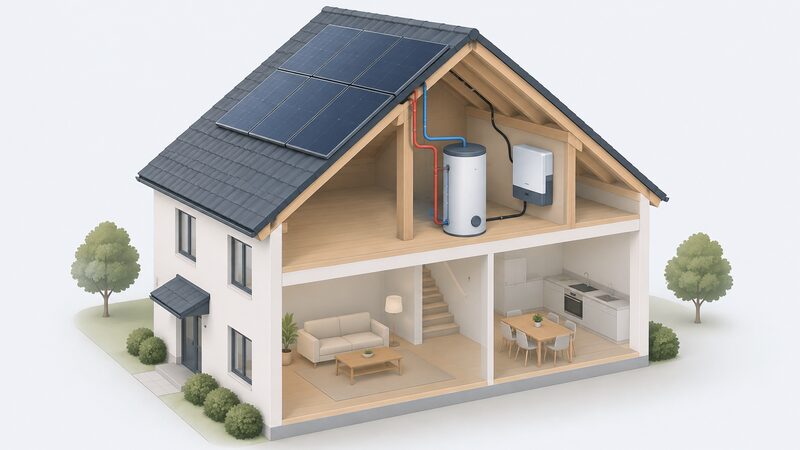 A cutaway isometric view of a house showing hybrid PVT panels mounted flush on the pitched roof, with pipes running down through the loft to a hot water cylinder and a cable running to an inverter mounted nearby.