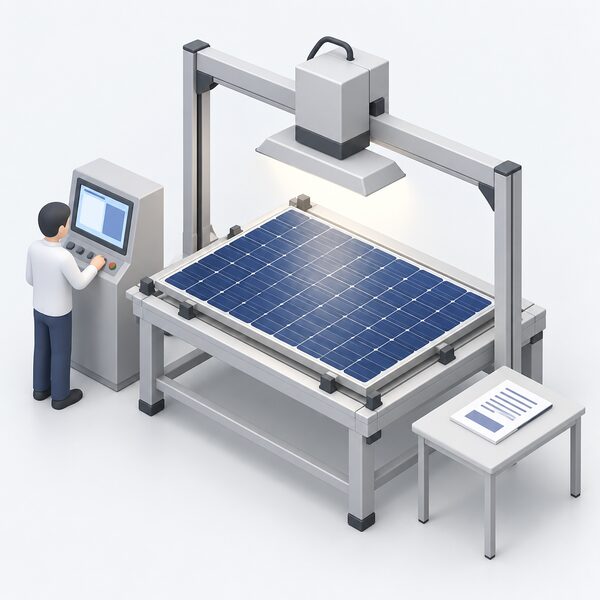 A finished solar module lying on a laboratory test bench under a certification test rig, with a technician in plain clothing operating the equipment and a printed test report sheet on a side table, shown only as blank lines and plain blocks.