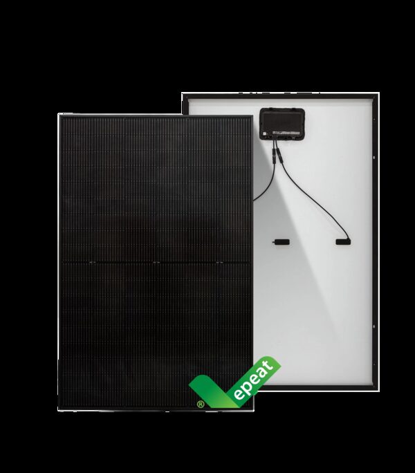 A black all-black Qcells solar panel shown from front and back with microinverter and cables, with an EPEAT green tick badge