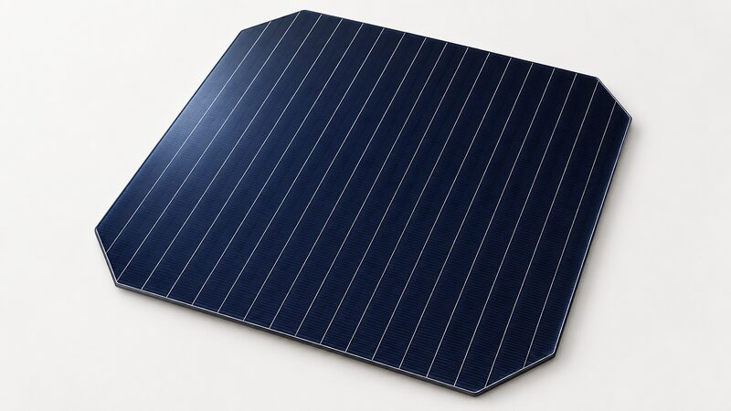 A close-up view of a single dark blue-black monocrystalline solar cell, its surface crossed by many fine parallel wire interconnection lines, drawn as a large detailed object filling the frame with no panel frame or glass around it.