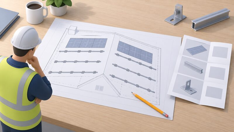 A printed roof plan sheet lying on a surveyor's table, showing a pitched roof outline with rectangular panel positions, parallel rail runs and evenly spaced bracket marks, beside a pencil and folded manufacturer mounting details, all content as plain blank blocks and lines with no readable figures.