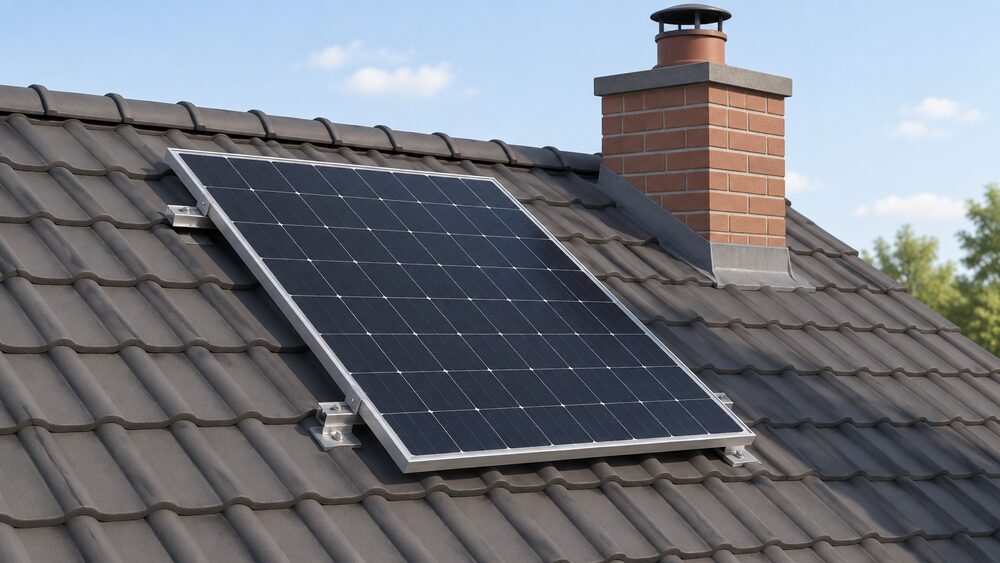 A single dark solar panel with a silver aluminium frame, mounted on a pitched roof on metal mounting brackets, shown close up in daylight with a chimney visible behind it casting a soft shadow across one corner.