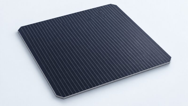 A close-up view of a single large square heterojunction solar cell with a fine grid of thin wires running across its dark surface, shown as a technical illustration with no soldered ribbons.