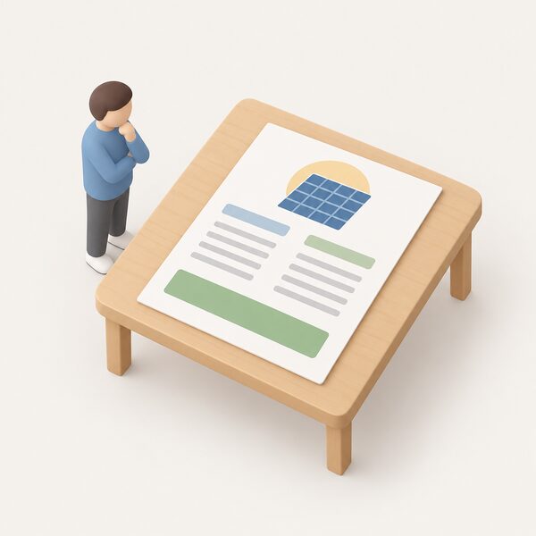 A printed warranty document lying on a table beside a small isometric figure of a homeowner, with blank line blocks standing in for the 20-year product and 25-year performance terms and a plain colour band for the performance guarantee.