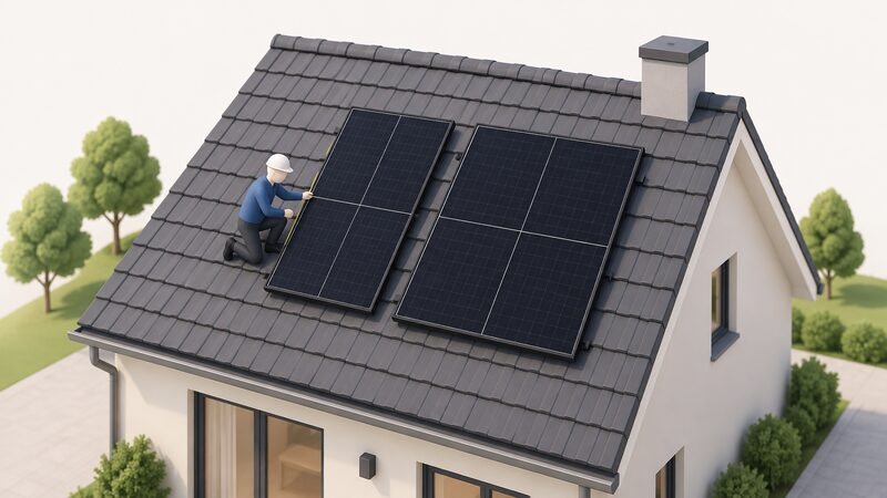 Two black-framed solar panels mounted side by side on a pitched residential roof, one narrower and one visibly wider, both divided into four cell sections, with a small isometric figure on the roof comparing their widths.