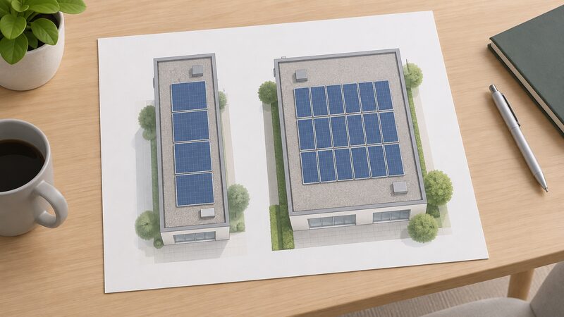 A flat roof plan drawing shown as a printed sheet on a table, with two simplified roof outlines side by side: a narrow roof filled edge to edge with fewer, wider panel rectangles, and a wide roof holding more, narrower panel rectangles in neat rows.