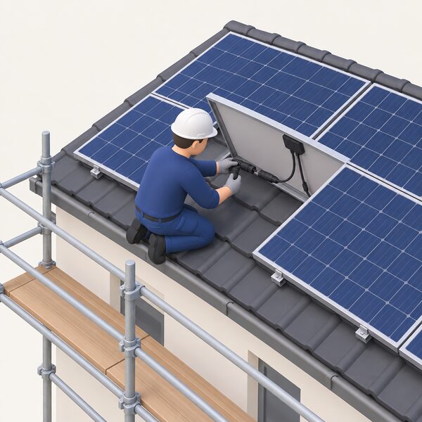 A solar installer in plain work clothing kneeling on a scaffolded roof beside a solar panel array, using a tool to disconnect the electrical cable connection at the back of one panel before removal.