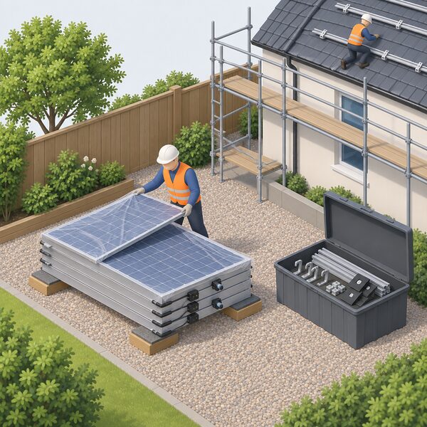 A small isometric figure lays a solar panel flat onto a stack of panels on padded bearers in a dry corner of a garden away from the house, glass side up with protective sheeting over it, while labelled roof hooks, rails, clamps and flashings sit together in a covered box nearby and a roofer works on the scaffolded roof in the background.