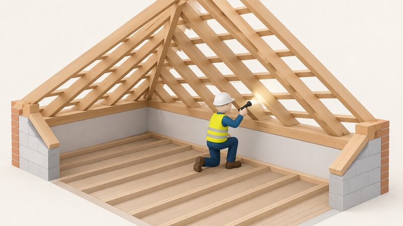 A surveyor inside a loft, holding a torch and inspecting the timber rafters and battens of the pitched roof, with the wall plate visible where the roof meets the walls, before any solar panels are removed.