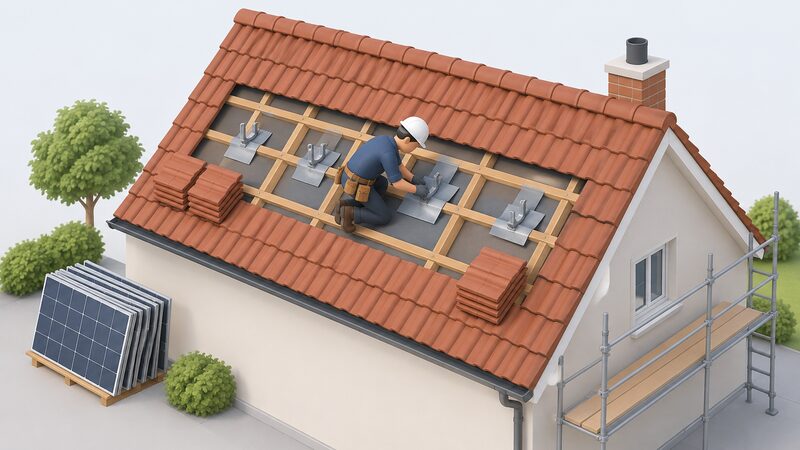 A roofer on a partially stripped pitched roof fits a new lead flashing around a new roof hook fixed to a rafter, with stacked tiles nearby and the solar array waiting to be refitted.