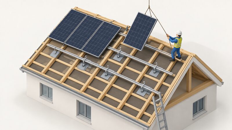A stripped roof section with roof hooks and mounting rails still fixed to the rafters, bare battens and covering exposed around each fixing, while a simplified isometric figure lifts a solar panel clear on a rope, ready to refit it once the roof is renewed.