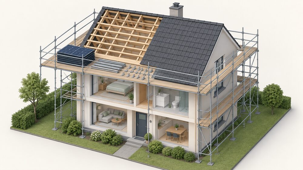 A house with scaffolding around it, its pitched roof partly stripped of tiles with exposed battens and rafters, the solar panels taken down and stacked safely on the scaffold platform beside the bare roof section, with roof hooks and rails removed and set aside.