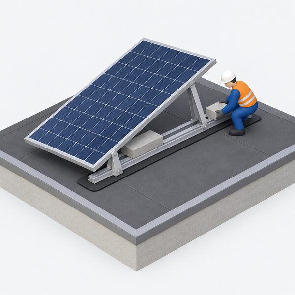 A close view of a flat roof with foil or bitumen covering where a base rail with attached ridge and eave supports sits on a pre-glued protection mat, holding a tilted solar panel, with a small isometric installer figure positioning a ballast block beside the tray.