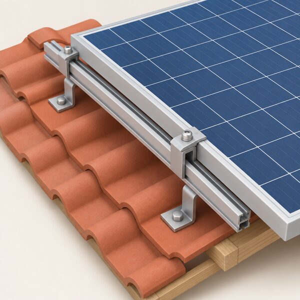 A close-up of a mounting rail fixed along a pitched roof, with mid-clamps gripping the aluminium frame of a solar panel so the module sits securely on the rails.