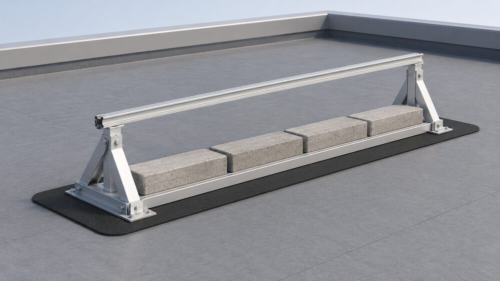 A close-up of a single FS Pro flat roof mounting tray on a flat roof, its base rail with attached ridge and eave supports sitting on a pre-glued black building protection mat, with concrete ballast blocks laid along the base and an empty aluminium rail ready for modules.