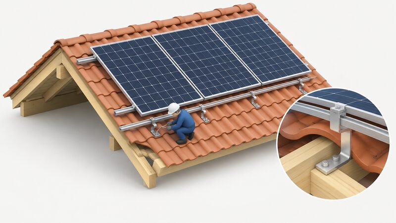 A cutaway view of a pitched tiled roof showing a row of solar modules on two horizontal mounting rails, with stainless steel roof hooks fixed over the tiles into the rafters beneath, one simplified installer figure tightening a hook fixing.
