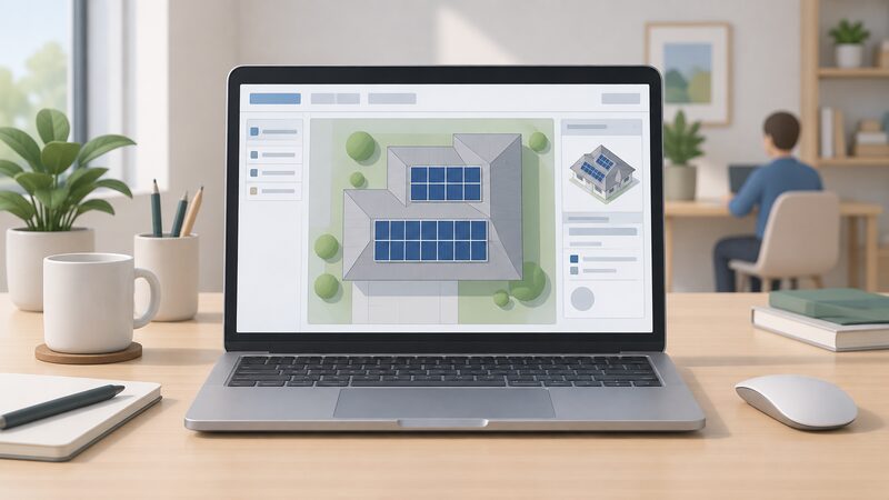 A laptop on a desk displays planning software with a simplified roof plan on screen and neat rows of solar module rectangles laid over it, shown as a physical object in a working setting with blank interface blocks and no readable text.